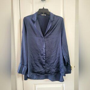 Zara Satin Effect Oversized Button Down Shirt Midnight Navy Size Medium